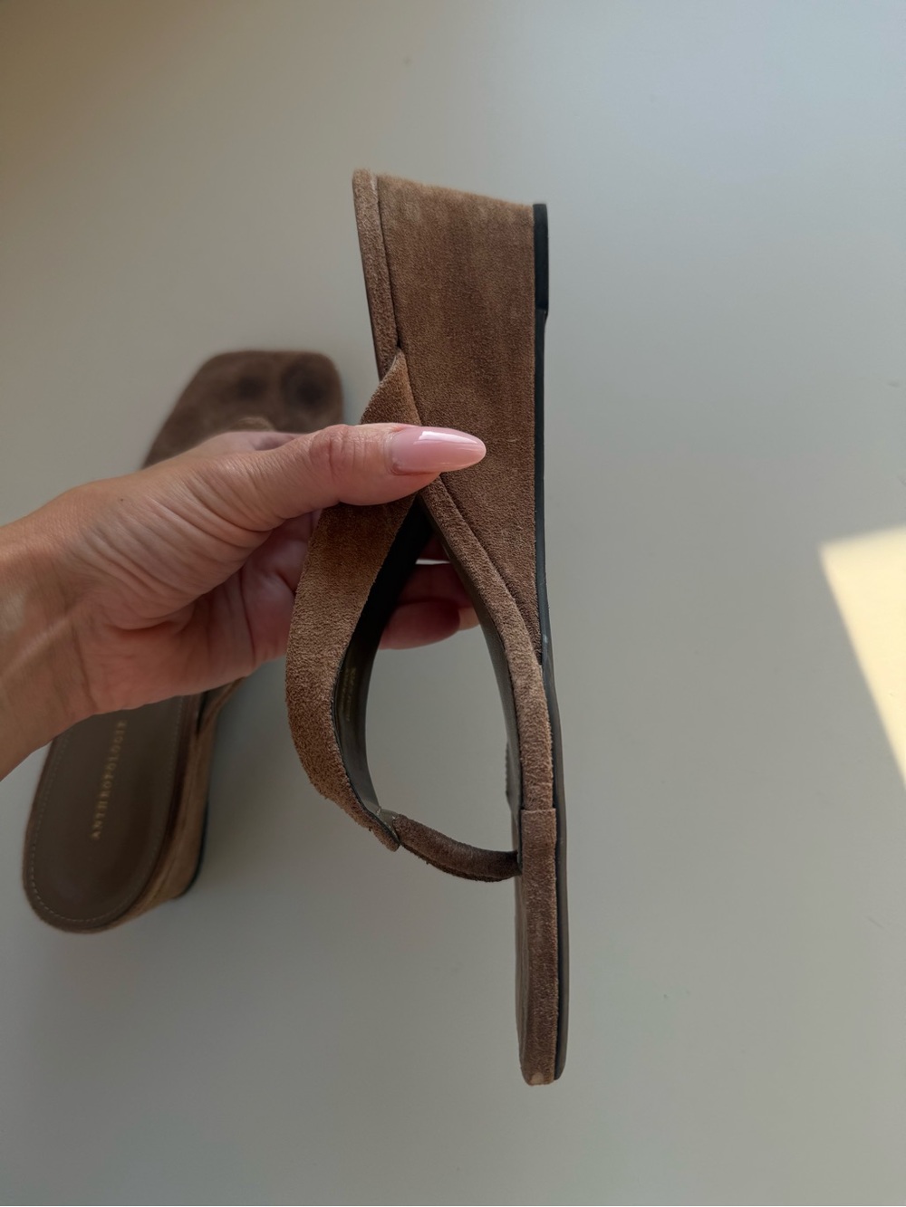 Anthropologie Taupe Suede Wedge Flip Flop Heels EU 39 US 8.5 - Picture 9 of 11
